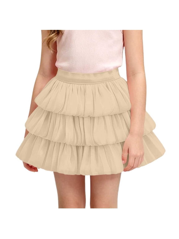 Girls Tiered Skirt Solid Color Casual Three Layer Ruffle Skirt Summer Short Skirt with Elastic Waist Cute Party Skirt