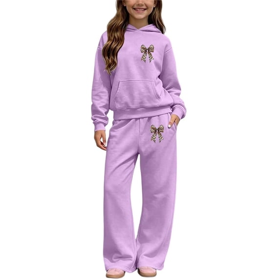 QTBIUQ Girls Two-Piece Fall Fashion Set Leopard-Print Bow Hooded Sweatshirt and Elastic Waist Wide‑Leg Pants Outfit Set