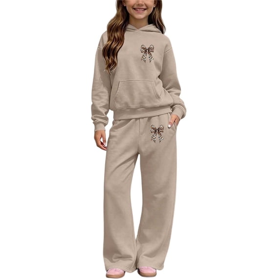 QTBIUQ Girls Two-Piece Fall Fashion Set Leopard-Print Bow Hooded Sweatshirt and Elastic Waist Wide‑Leg Pants Outfit Set
