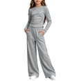 thumbnail image 1 of QTBIUQ Girls Two-Piece Fall Set Long-Sleeve Fitted Crop Top and Elastic Waist Wide-Leg Pants Casual Outfit Set, 1 of 6