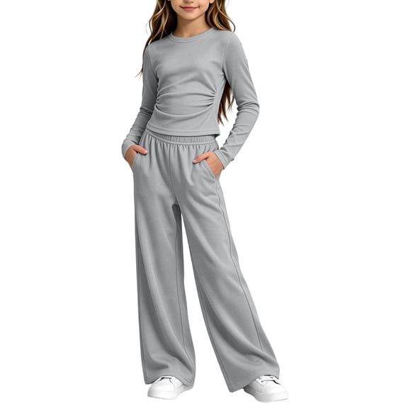 QTBIUQ Girls Two-Piece Fall Set Long-Sleeve Fitted Crop Top and Elastic Waist Wide-Leg Pants Casual Outfit Set