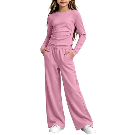 QTBIUQ Girls Two-Piece Fall Set Long-Sleeve Fitted Crop Top and Elastic Waist Wide-Leg Pants Casual Outfit Set