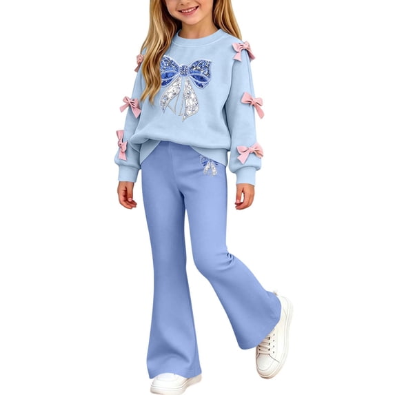 QTBIUQ Girls Two-Piece Fall Winter Set Bow-Decorated Long-Sleeve Sweatshirt with Rhinestone-Bow Print and Flared Pants Outfit Set