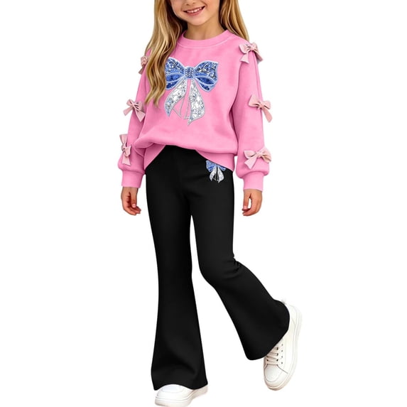 QTBIUQ Girls Two-Piece Fall Winter Set Bow-Decorated Long-Sleeve Sweatshirt with Rhinestone-Bow Print and Flared Pants Outfit Set