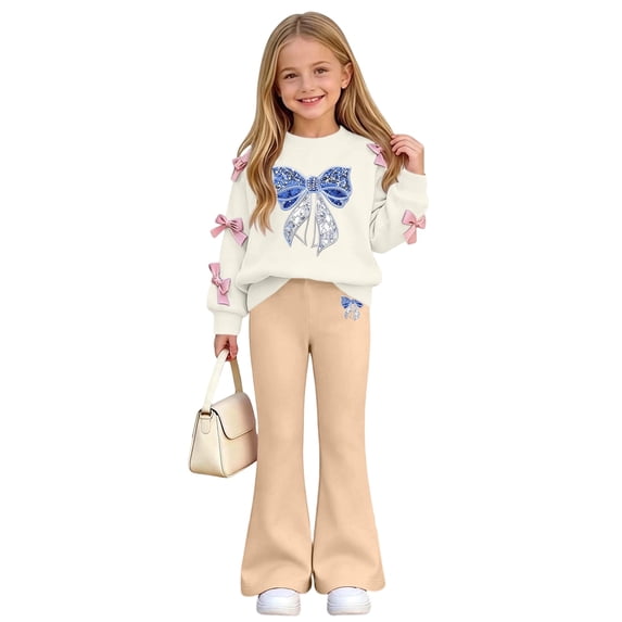 QTBIUQ Girls Two-Piece Fall Winter Set Bow-Decorated Long-Sleeve Sweatshirt with Rhinestone-Bow Print and Flared Pants Outfit Set