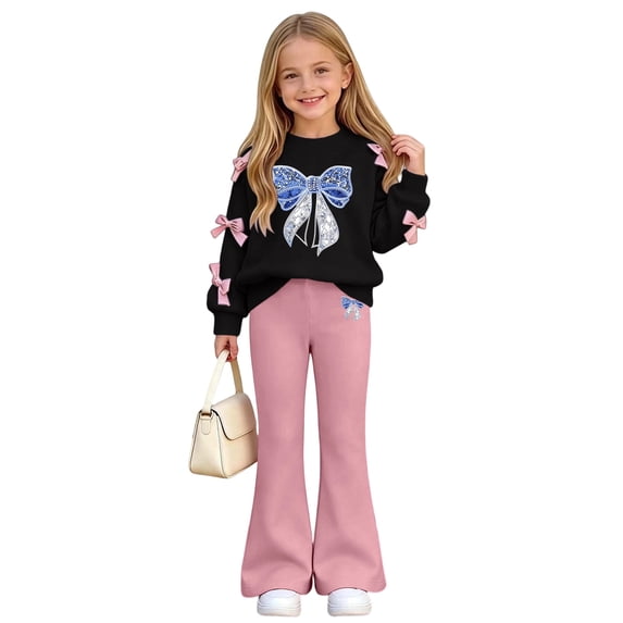 QTBIUQ Girls Two-Piece Fall Winter Set Bow-Decorated Long-Sleeve Sweatshirt with Rhinestone-Bow Print and Flared Pants Outfit Set