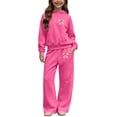 thumbnail image 1 of QTBIUQ Girls Two-Piece Fall Winter Set Bow-Printed Hooded Sweatshirt with Pocket and Elastic Waist Loose Pants Outfit Set, 1 of 6