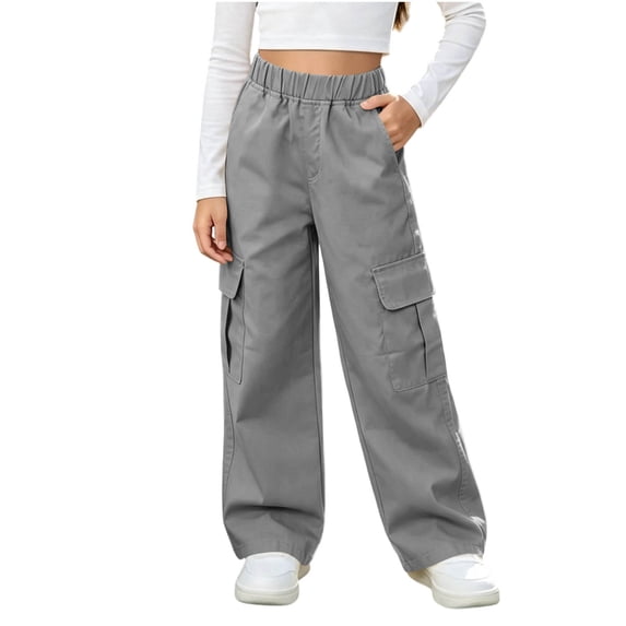 QTBIUQ Girls Wide Leg Cargo Pants Kids Elastic High Waist Casual Long Pants with Pockets