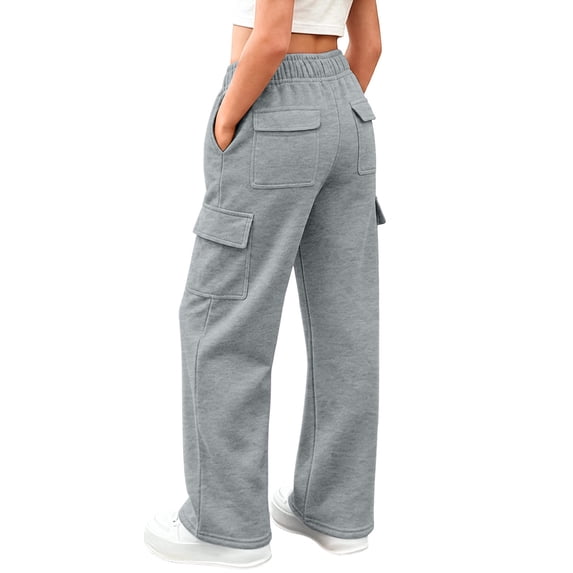 QTBIUQ Girls Wide Leg Cargo Pants with Side Pockets Elastic Waist for Casual School Daily Wear