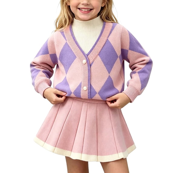 QTBIUQ Kids Girls Skirt Set Argyle Pattern V-Trim Knit Pullover and Pleated Knit Skirt 2 Pieces Outfit Set