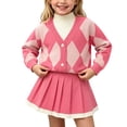 thumbnail image 1 of QTBIUQ Kids Girls Skirt Set Argyle Pattern V-Trim Knit Pullover and Pleated Knit Skirt 2 Pieces Outfit Set, 1 of 5