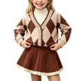 thumbnail image 1 of QTBIUQ Kids Girls Skirt Set Argyle Pattern V-Trim Knit Pullover and Pleated Knit Skirt 2 Pieces Outfit Set, 1 of 5