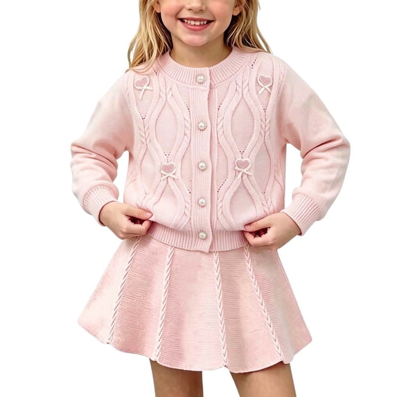 QTBIUQ Kids Girls Skirt Set Button Front Knit Cardigan and Solid Knit Skirt 2 Pieces Outfit Set