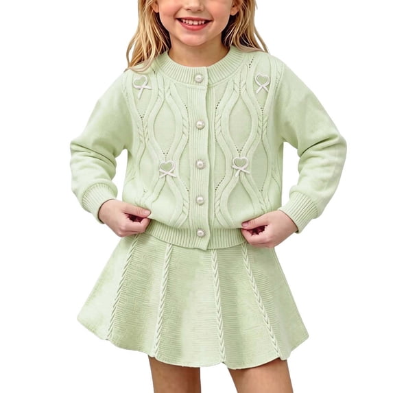 QTBIUQ Kids Girls Skirt Set Button Front Knit Cardigan and Solid Knit Skirt 2 Pieces Outfit Set