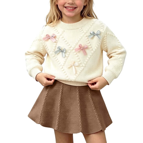 QTBIUQ Kids Girls Skirt Set Long Sleeve Knit Pullover Sweatshirt and Pleated Knit Skirt 2 Pieces Outfit Set