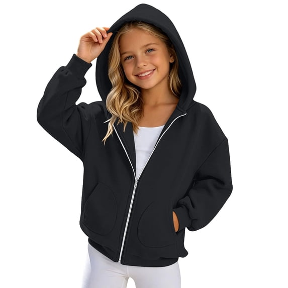 QTBIUQ Kids Hooded Zip‑up Solid Color Sweatshirt with Pockets Winter Warm Sweatshirts for Boys Girls
