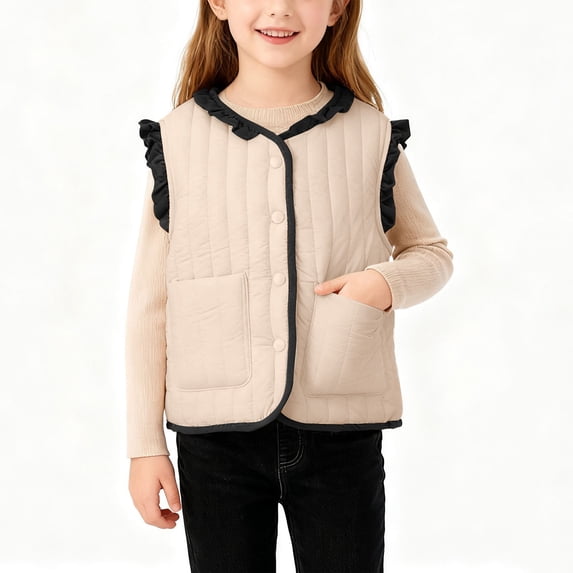 QTBIUQ Kids Sleeveless Quilted Padded Ruffle Vest Button Down Warm Winter Windproof Inner Layer Gilet