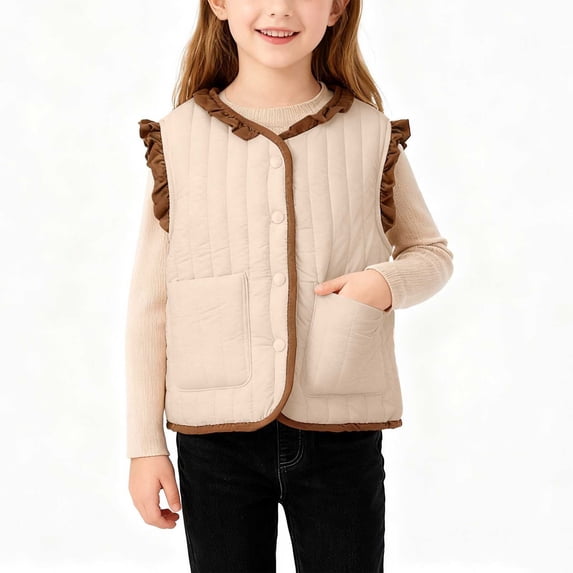 QTBIUQ Kids Sleeveless Quilted Padded Ruffle Vest Button Down Warm Winter Windproof Inner Layer Gilet