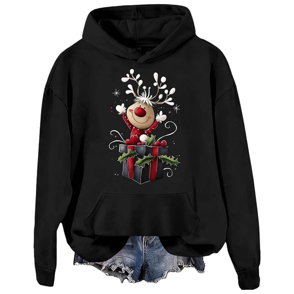 QTBIUQ Ladies Christmas Printed Pockets Shoulder Sleeves Long Sleeved Top Hooded Sweatshirt Black