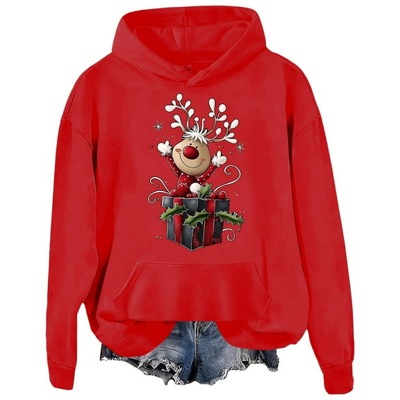 QTBIUQ Ladies Christmas Printed Pockets Shoulder Sleeves Long Sleeved Top Hooded Sweatshirt Red