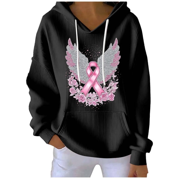 QTBIUQ Ladies Fashionable Casual Printed Solid Color Long Sleeved Pocket Hooded Groove Stripe Top Hoodie Black