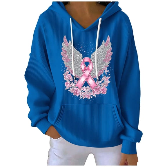 QTBIUQ Ladies Fashionable Casual Printed Solid Color Long Sleeved Pocket Hooded Groove Stripe Top Hoodie Blue