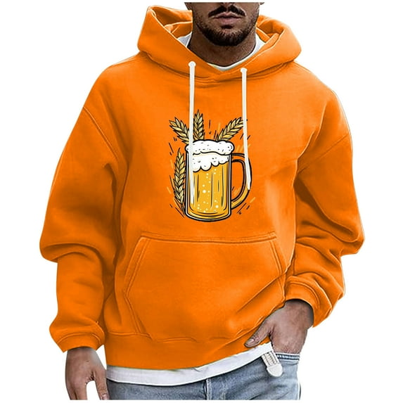QTBIUQ Men Casual Fashion Hooded Sweatshirts Round Neck Print Pullover Long Sleeve Sweatshirt Orange