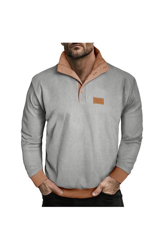 Men Casual Fashion Patchwork Solid Button Pullover Adding Fleece Long Sleeve Hoodie Sweatshirts Gray