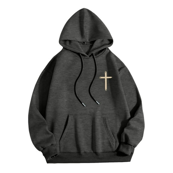 QTBIUQ Men Casual Fashion Print Pullover Long Sleeve Hoodie with Pocket Sweatshirts Dark Gray