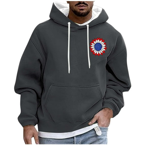 QTBIUQ Men Casual Fashion Printed Pullover Drawstring Long Sleeve Hooded Sweatshirts Dark Gray