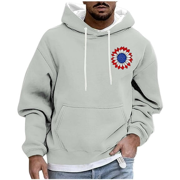 QTBIUQ Men Casual Fashion Printed Pullover Drawstring Long Sleeve Hooded Sweatshirts Gray