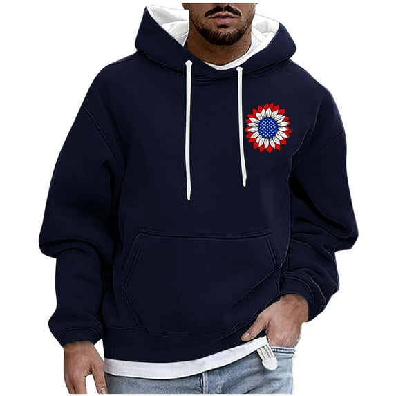 QTBIUQ Men Casual Fashion Printed Pullover Drawstring Long Sleeve Hooded Sweatshirts Navy