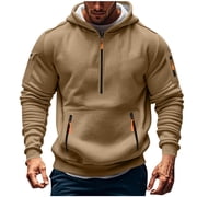 QTBIUQ Men Casual Fashion Solid Zipper Pullover Long Sleeve Hoodie with Pocket Sweatshirts Khaki
