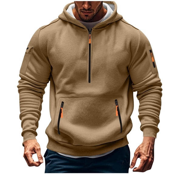 QTBIUQ Men Casual Fashion Solid Zipper Pullover Long Sleeve Hoodie with Pocket Sweatshirts Khaki