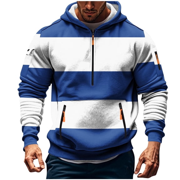 QTBIUQ Men Casual Fashion Stripe Print Zipper Pullover Long Sleeve Hoodie with Pocket Sweatshirts Blue