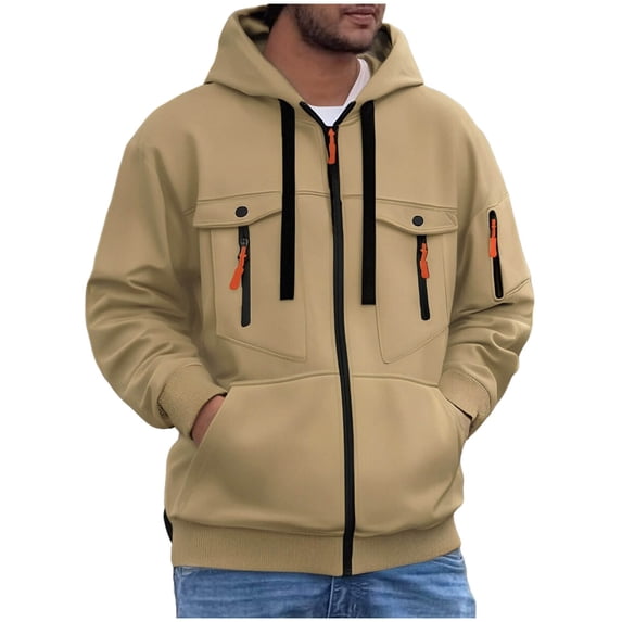 QTBIUQ Men Solid Color Long Sleeved Hooded Zipper Cardigan with Multiple Pockets Hoodie Top Khaki