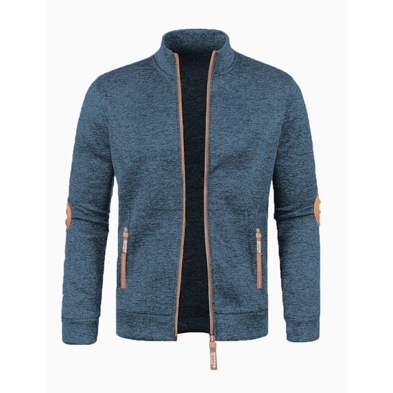 QTBIUQ Men Solid Color Long Sleeved Stand up Collar Zipper Cardigan Sweater Jacket Blue