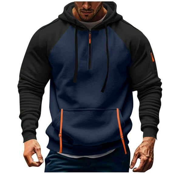 QTBIUQ Men Solid Color Pocket Half-Zipper Drawstring Casual Sports Long Sleeve Hooded Sweatshirt Navy