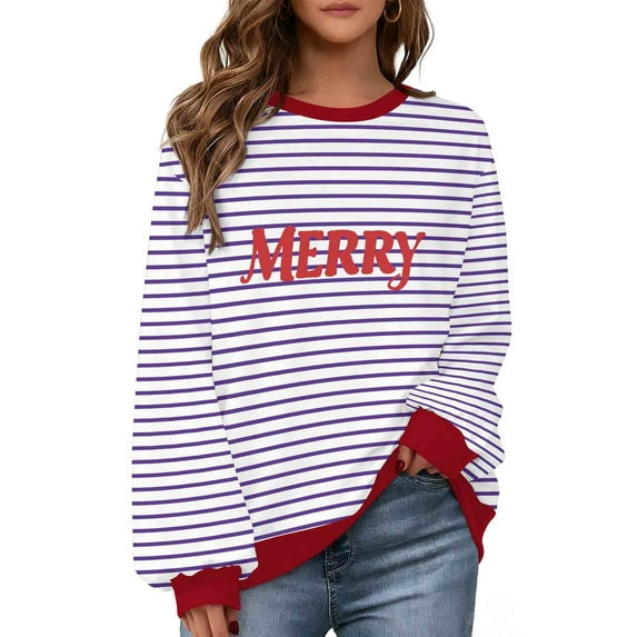 QTBIUQ Men and Women Christmas Vintage Striped Printed Letter Printing Round-Neck Casual Sporty Long-Sleeved Fleece Sweatshirt Tops Purple