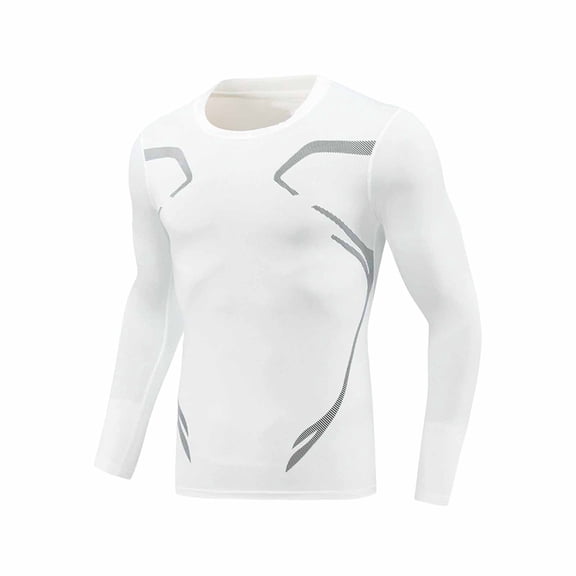 QTBIUQ Mens Athletic Top Long Sleeve Crew Neck Breathable Stretch Pullover Shirt Fit Casual Wear White