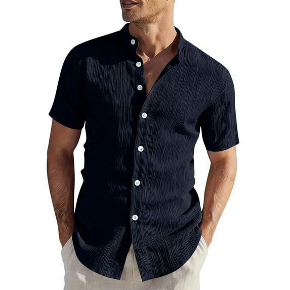 QTBIUQ Mens Casual Short Sleeve V-Neck Blouse Button up Lightweight Comfortable Shirt Solid Color Summer Tops Navy