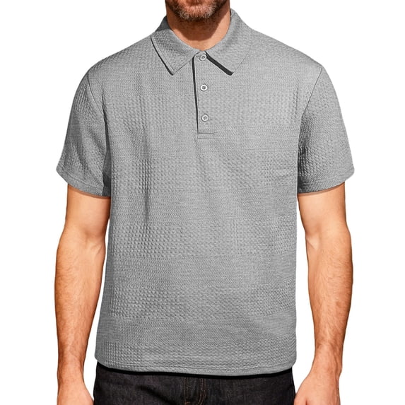 QTBIUQ Mens Casual T-Shirt Short Sleeve Collared Pullover Solid Color Lightweight Fashion Outerwear Top Gray