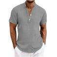 thumbnail image 1 of QTBIUQ Mens Collared Short Sleeve Button Shirt Casual Solid Color V-Neck Top Lightweight Fashion Tee Gray, 1 of 6