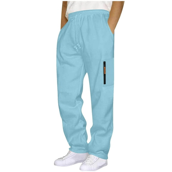 QTBIUQ Mens Fashion Solid Color Drawstring Elastic Waist Zipper Pocket Sweatpants Casual Pants Light Blue
