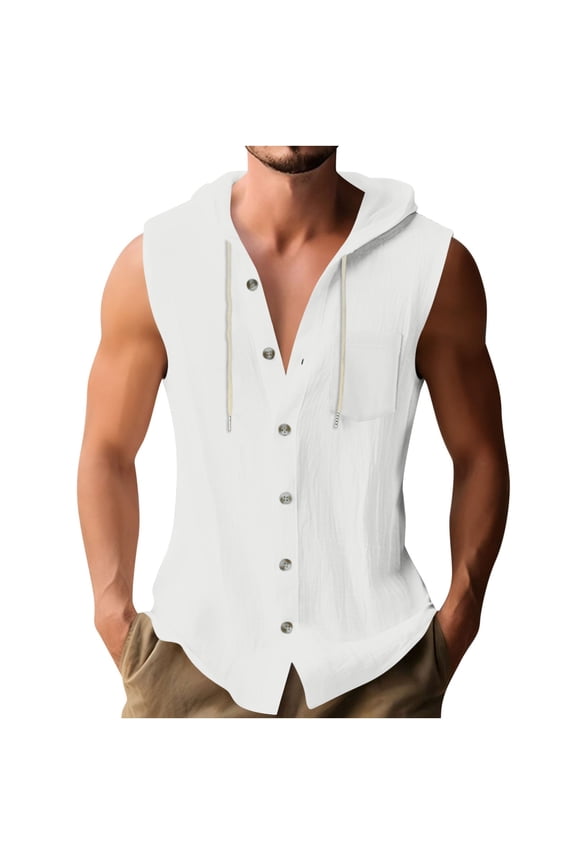 Mens Hoodie Cardigan Open Front Buttons Sleeveless Top with Drawstring Pockets Breathable Linen Loose Fit Casual Shirt White
