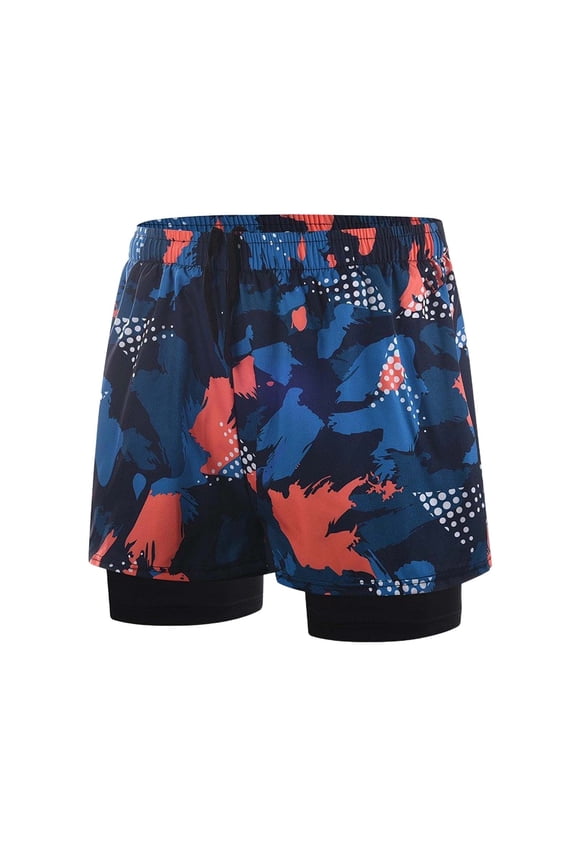 Mens Quick Dry Swim Trunks Double Layer Athletic Shorts with Drawstring Printing Gym Training Beach Shorts