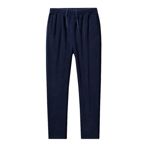 QTBIUQ Mens Solid Color Fleece Lined Thick Warm Straight Leg Pants Elastic Waist Drawstring Trousers Casual Wear Blue