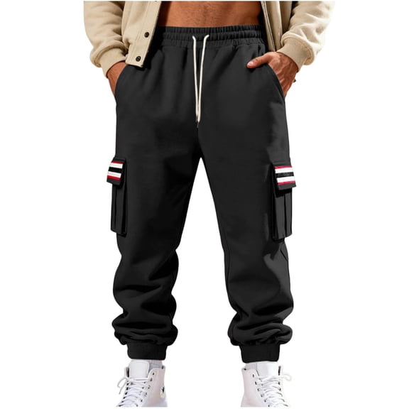 QTBIUQ Mens Solid Color Textured Casual Pants Loose Fit Drawstring Trousers with Elastic Waistband Sporty Work Pants for Multiple Occasions Black