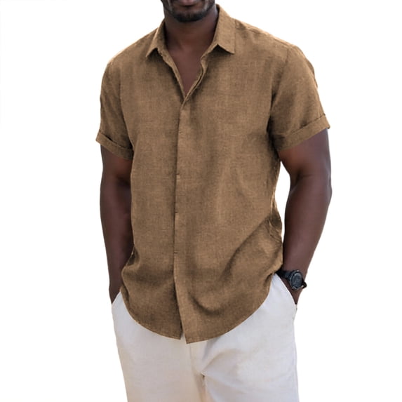 QTBIUQ Mens Summer Casual Short Sleeve Lapel Blouse Solid Color Button Down Tee Top Breathable Stylish Wear Shirt Coffee