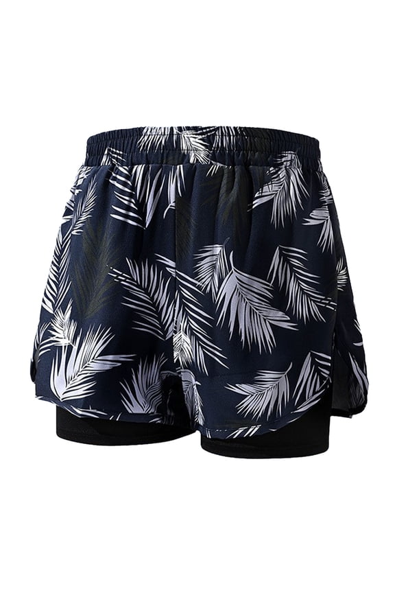 Mens Swim Trunks Double Layer Elastic Waistband Athletic Shorts Printing Gym Training Beach Shorts